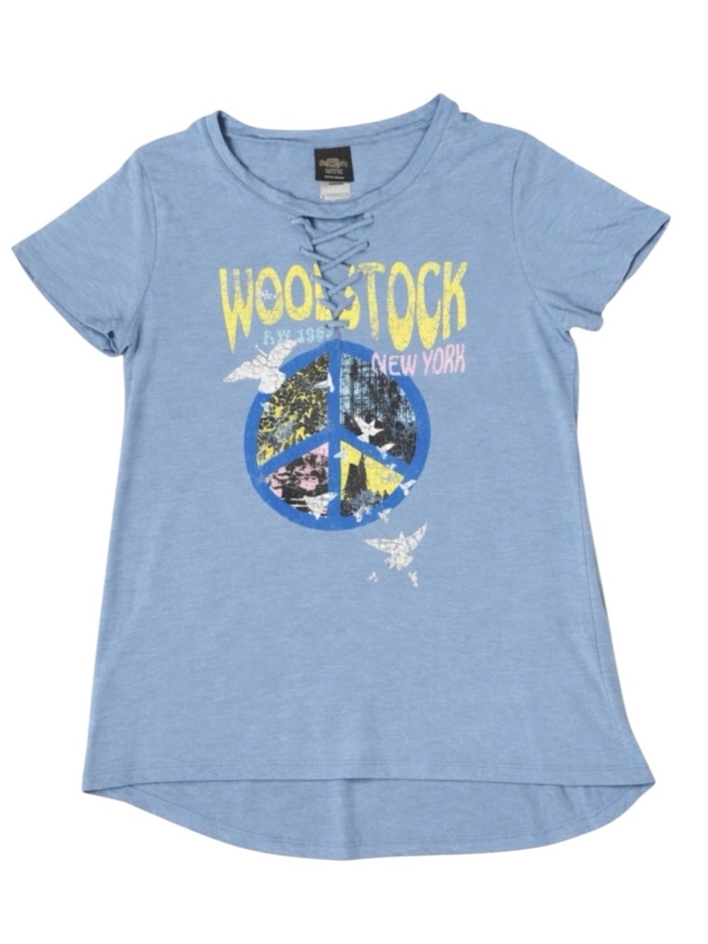 Woodstock Lace-Up Graphic Tee XXL | Vintage Concert Series | Hi-Low Hem